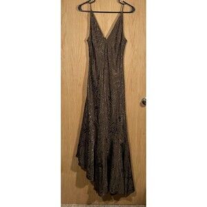 H&M Maxi Slip Dress Satin Lace Animal Print Brown Asymmetrical Hem WhimsiGoth S